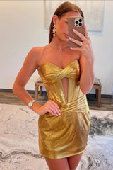 Sweetheart Strapless Metallic Satin Ruched Boned Corset Bodycon Homecoming Dress Mini