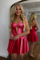 Sweetheart Strapless Metallic Satin Twist Knot Keyhole Ruched Boned Corset Flared A-Line Homecoming Dress Mini