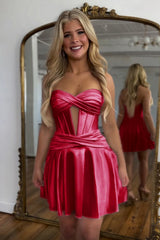 Sweetheart Strapless Metallic Satin Twist Knot Keyhole Ruched Boned Corset Flared A-Line Homecoming Dress Mini