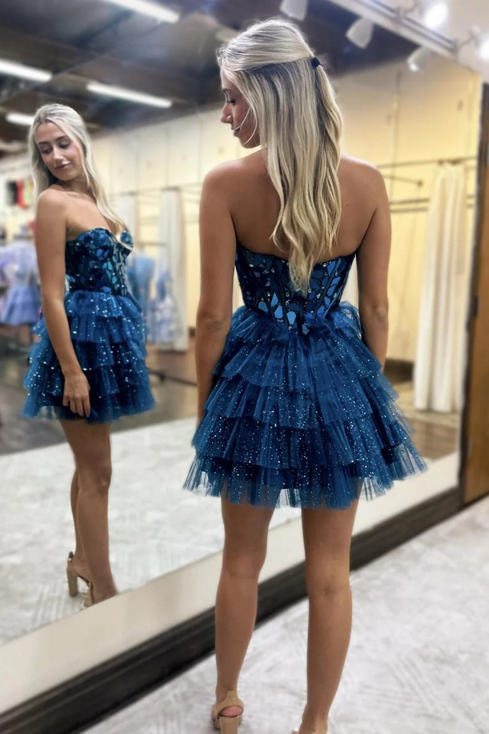 Sweetheart Strapless Mirror Jewel Applique Corset Glitter Tulle Multi-Tier Ruffle A-Line Short Homecoming Dress