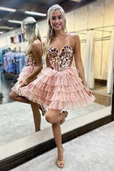 Sweetheart Strapless Mirror Jewel Applique Corset Glitter Tulle Multi-Tier Ruffle A-Line Short Homecoming Dress