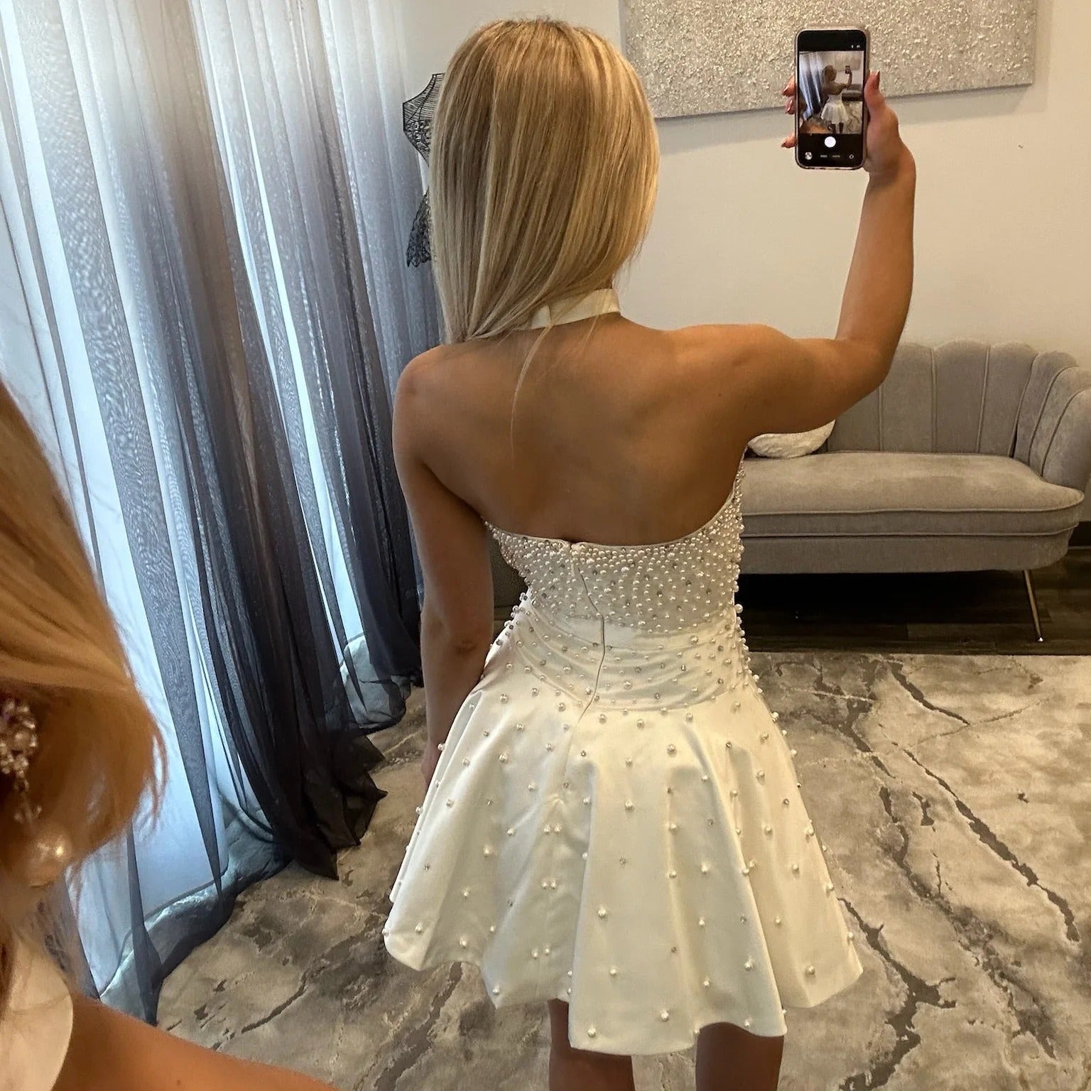 Sweetheart Strapless Pearl Beading Boned Corset Satin Bow Waist A-Line Homecoming Dress Mini