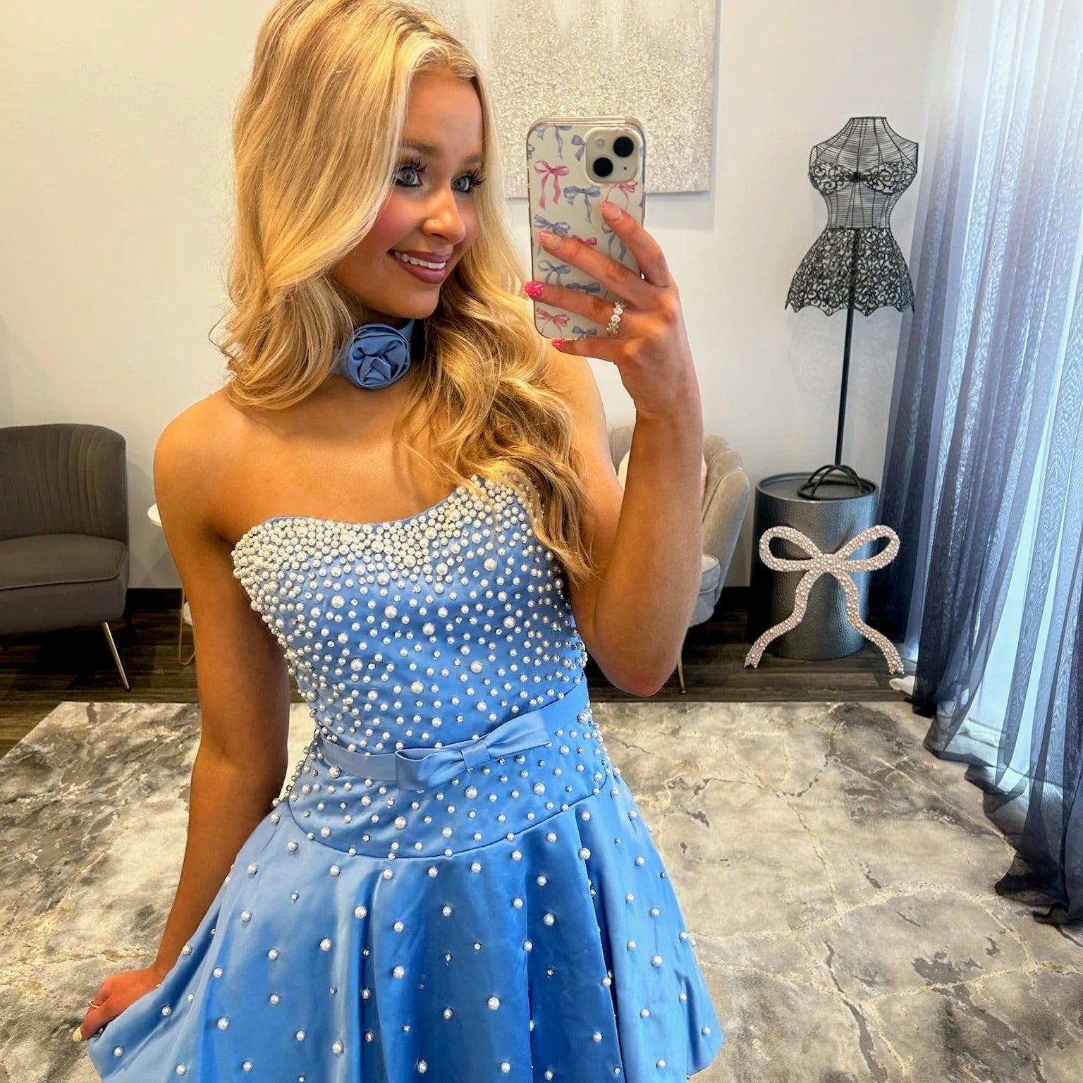 Sweetheart Strapless Pearl Beading Boned Corset Satin Bow Waist A-Line Homecoming Dress Mini