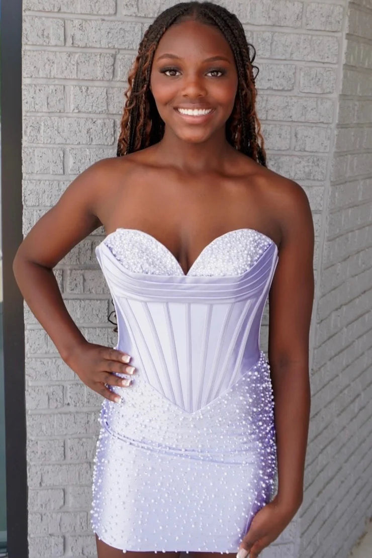 Sweetheart Strapless Pearl Rhinestone Bustier Boned Corset Pearl Scatter Bodycon Homecoming Dress Mini