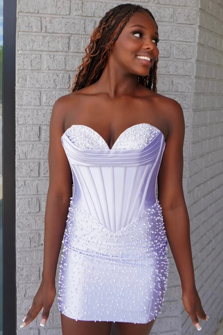 Sweetheart Strapless Pearl Rhinestone Bustier Boned Corset Pearl Scatter Bodycon Homecoming Dress Mini