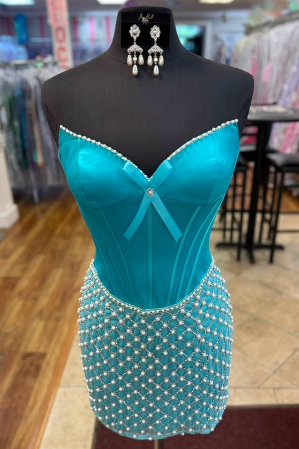 Sweetheart Strapless Pearl Rhinestone Grid Diamond Lattice Corset Bodycon Homecoming Dress Mini