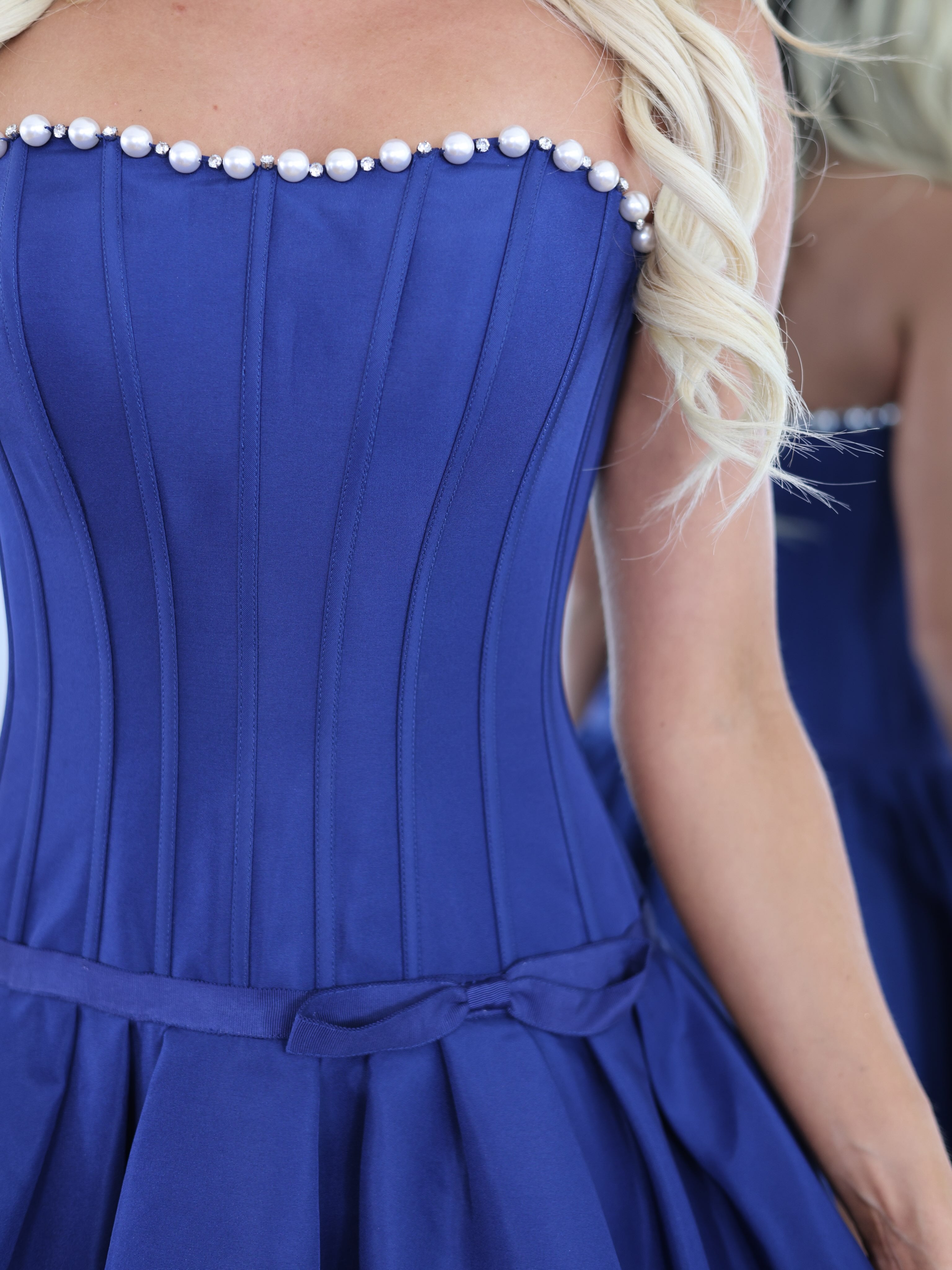 Sweetheart Strapless Pearl Trim Boned Corset Bow Double-Layer Pleated A-Line Homecoming Dress Mini