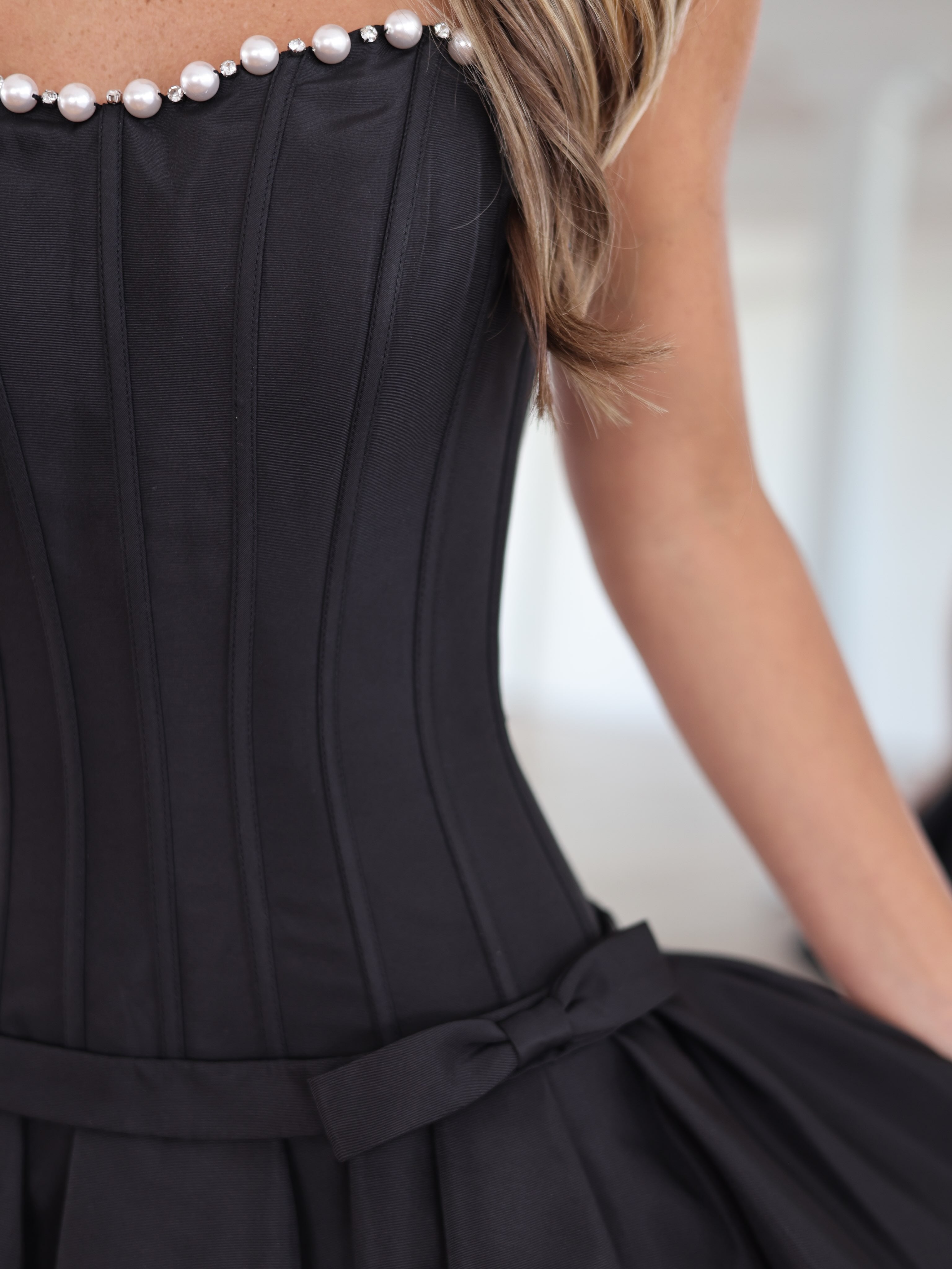 Sweetheart Strapless Pearl Trim Boned Corset Bow Double-Layer Pleated A-Line Homecoming Dress Mini