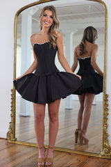 Sweetheart Strapless Pearl Trim Boned Corset Bow Double-Layer Pleated A-Line Homecoming Dress Mini