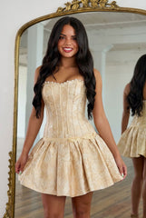 Sweetheart Strapless Pearl Trim Boned Corset Jacquard Homecoming Dress Bow Puff Ball Mini