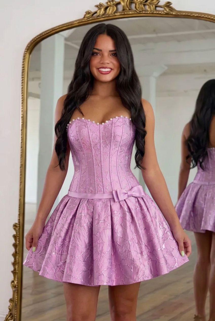 Sweetheart Strapless Pearl Trim Boned Corset Jacquard Homecoming Dress Bow Puff Ball Mini