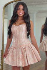 Sweetheart Strapless Pearl Trim Boned Corset Jacquard Homecoming Dress Bow Puff Ball Mini