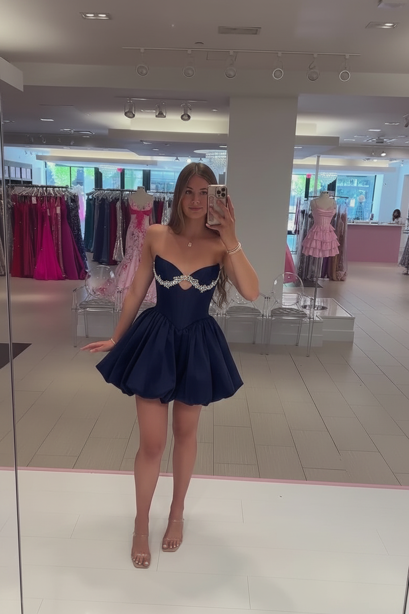 Sweetheart Strapless Rhinestone Trim Keyhole Boned Corset Bubble Skirt A-Line Homecoming Dress Mini