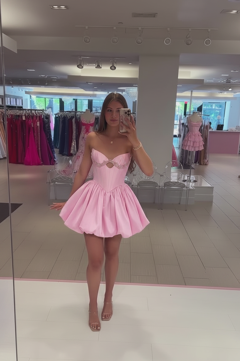 Sweetheart Strapless Rhinestone Trim Keyhole Boned Corset Bubble Skirt A-Line Homecoming Dress Mini