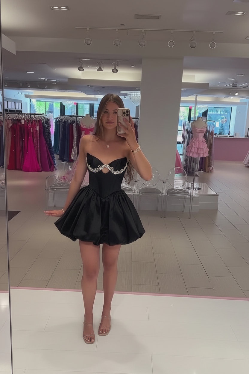 Sweetheart Strapless Rhinestone Trim Keyhole Boned Corset Bubble Skirt A-Line Homecoming Dress Mini
