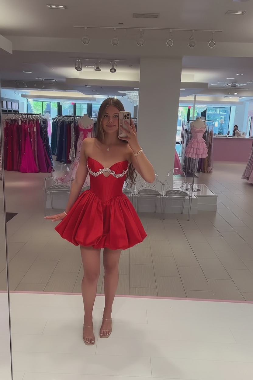 Sweetheart Strapless Rhinestone Trim Keyhole Boned Corset Bubble Skirt A-Line Homecoming Dress Mini