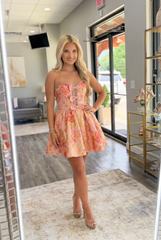 Sweetheart Strapless Rhinestone Trim Triple Bow Floral Jacquard A-Line Homecoming Dress Mini