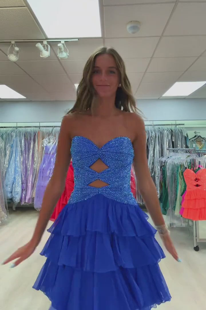 Sweetheart Strapless Rhinestone Twist Cutout Tiered Chiffon A-Line Homecoming Dress Lace-Up Mini