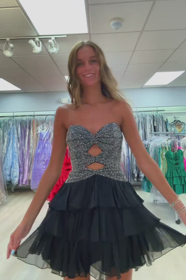 Sweetheart Strapless Rhinestone Twist Cutout Tiered Chiffon A-Line Homecoming Dress Lace-Up Mini