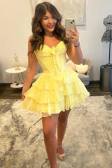 Sweetheart Strapless Ruched Chiffon Corset Homecoming Dress Bow Tiered Ruffle Mini Open Back