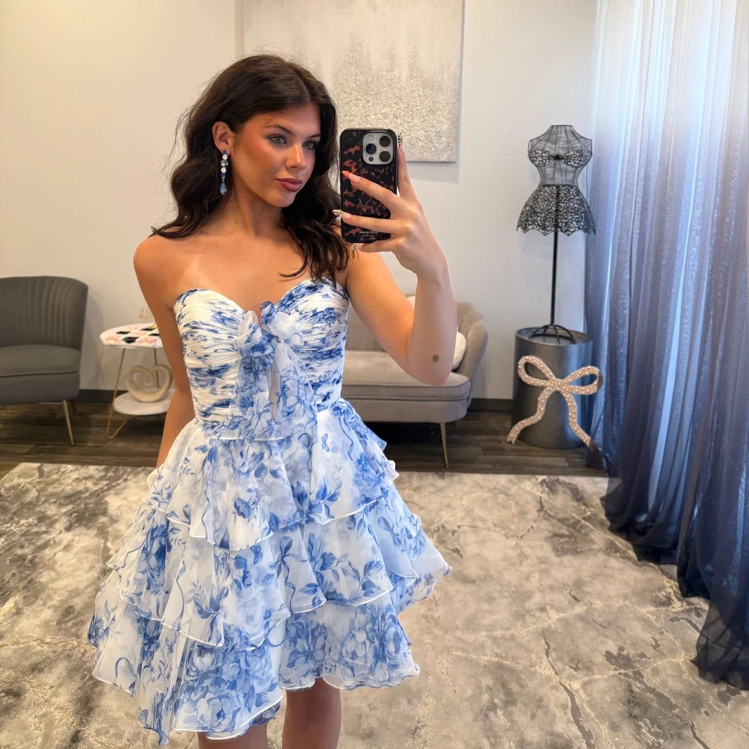 Sweetheart Strapless Ruched Floral Print Chiffon Bow Waist Three-Tier Ruffle A-Line Homecoming Dress Mini