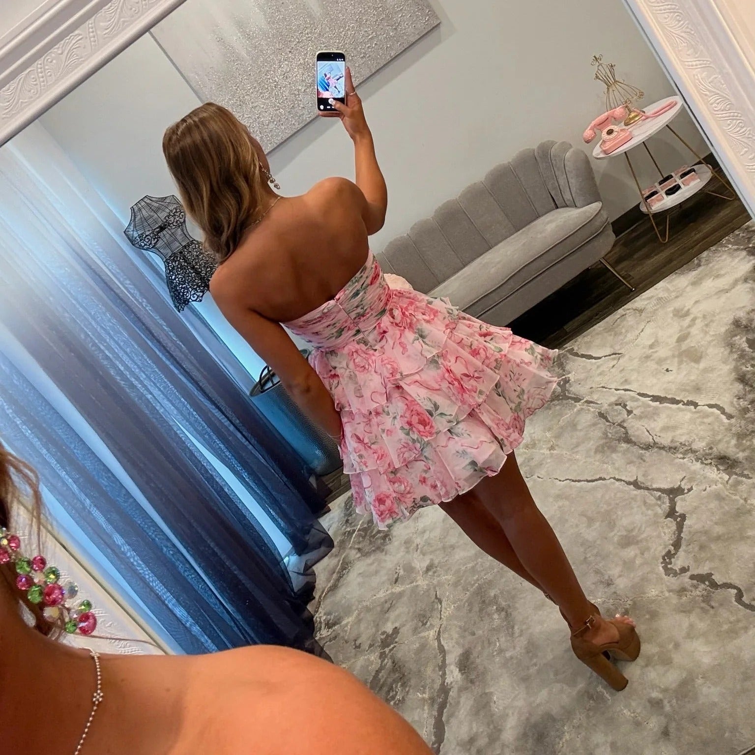 Sweetheart Strapless Ruched Floral Print Chiffon Bow Waist Three-Tier Ruffle A-Line Homecoming Dress Mini