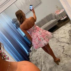 Sweetheart Strapless Ruched Floral Print Chiffon Bow Waist Three-Tier Ruffle A-Line Homecoming Dress Mini