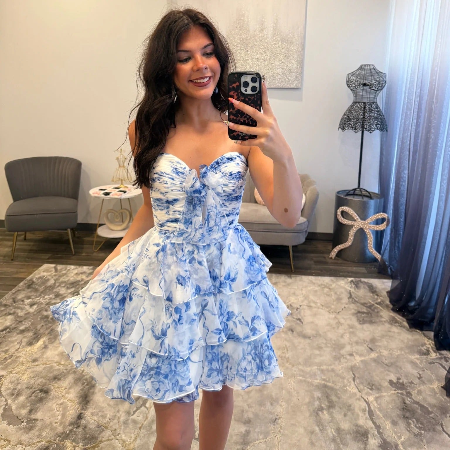 Sweetheart Strapless Ruched Floral Print Chiffon Bow Waist Three-Tier Ruffle A-Line Homecoming Dress Mini
