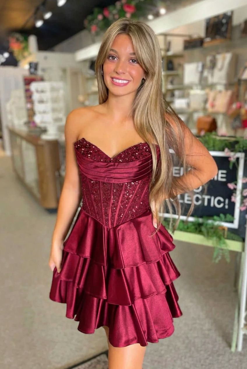 Sweetheart Strapless Sequin Lace Boned Corset Tiered Ruffle A-Line Homecoming Dress Lace-Up Mini
