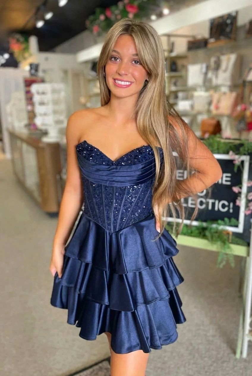 Sweetheart Strapless Sequin Lace Boned Corset Tiered Ruffle A-Line Homecoming Dress Lace-Up Mini