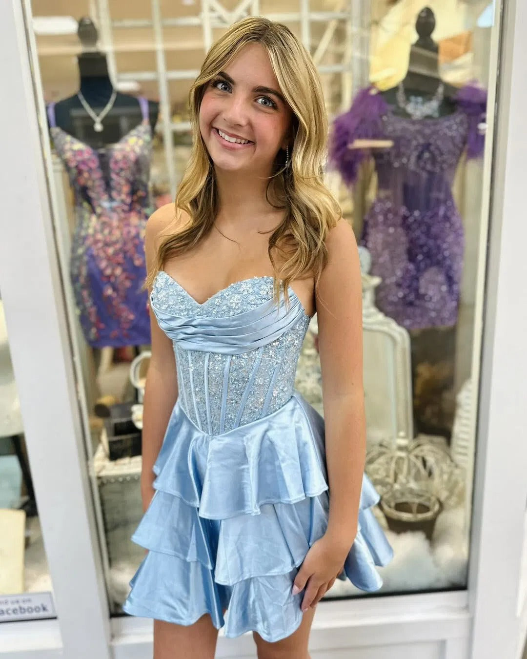 Sweetheart Strapless Sequin Lace Boned Corset Tiered Ruffle A-Line Homecoming Dress Lace-Up Mini