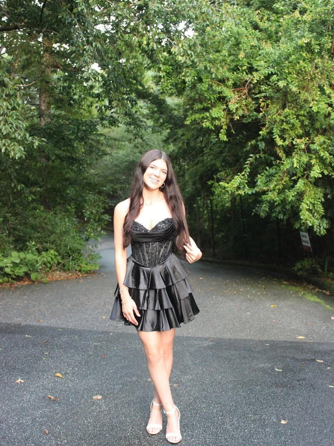 Sweetheart Strapless Sequin Lace Boned Corset Tiered Ruffle A-Line Homecoming Dress Lace-Up Mini