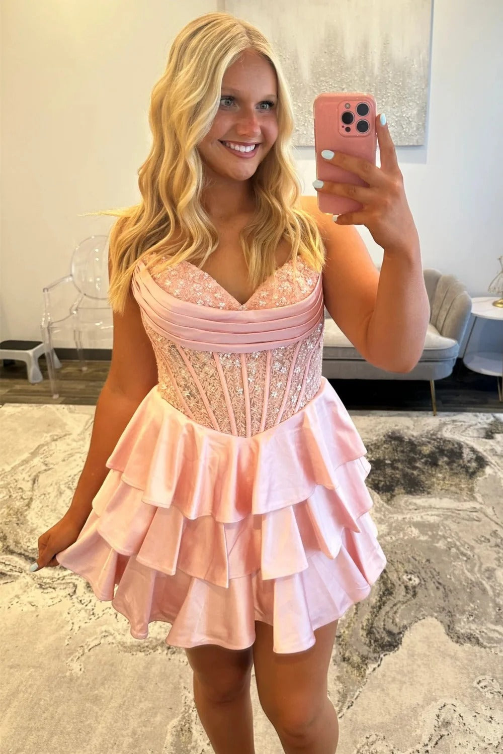Sweetheart Strapless Sequin Lace Boned Corset Tiered Ruffle A-Line Homecoming Dress Lace-Up Mini