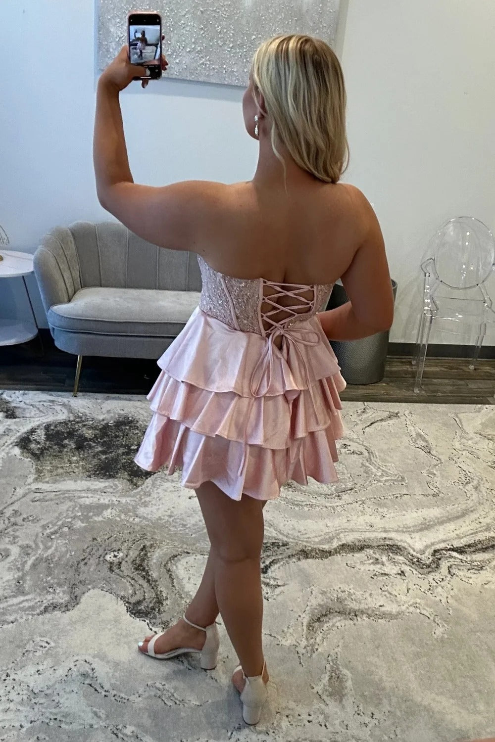 Sweetheart Strapless Sequin Lace Boned Corset Tiered Ruffle A-Line Homecoming Dress Lace-Up Mini