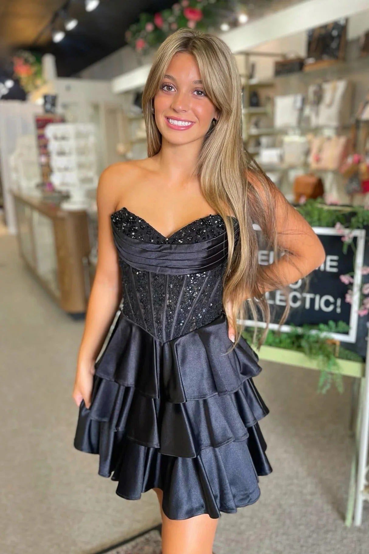 Sweetheart Strapless Sequin Lace Boned Corset Tiered Ruffle A-Line Homecoming Dress Lace-Up Mini