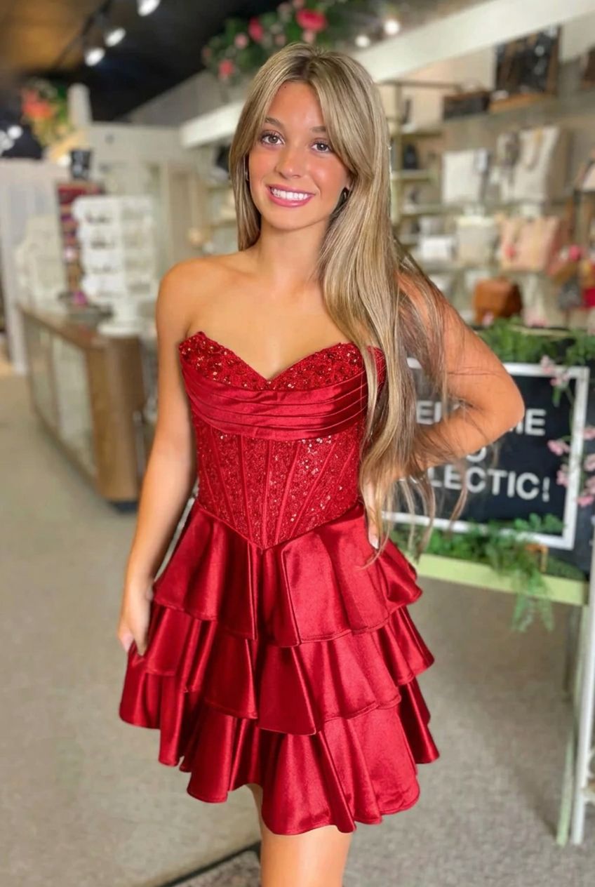 Sweetheart Strapless Sequin Lace Boned Corset Tiered Ruffle A-Line Homecoming Dress Lace-Up Mini