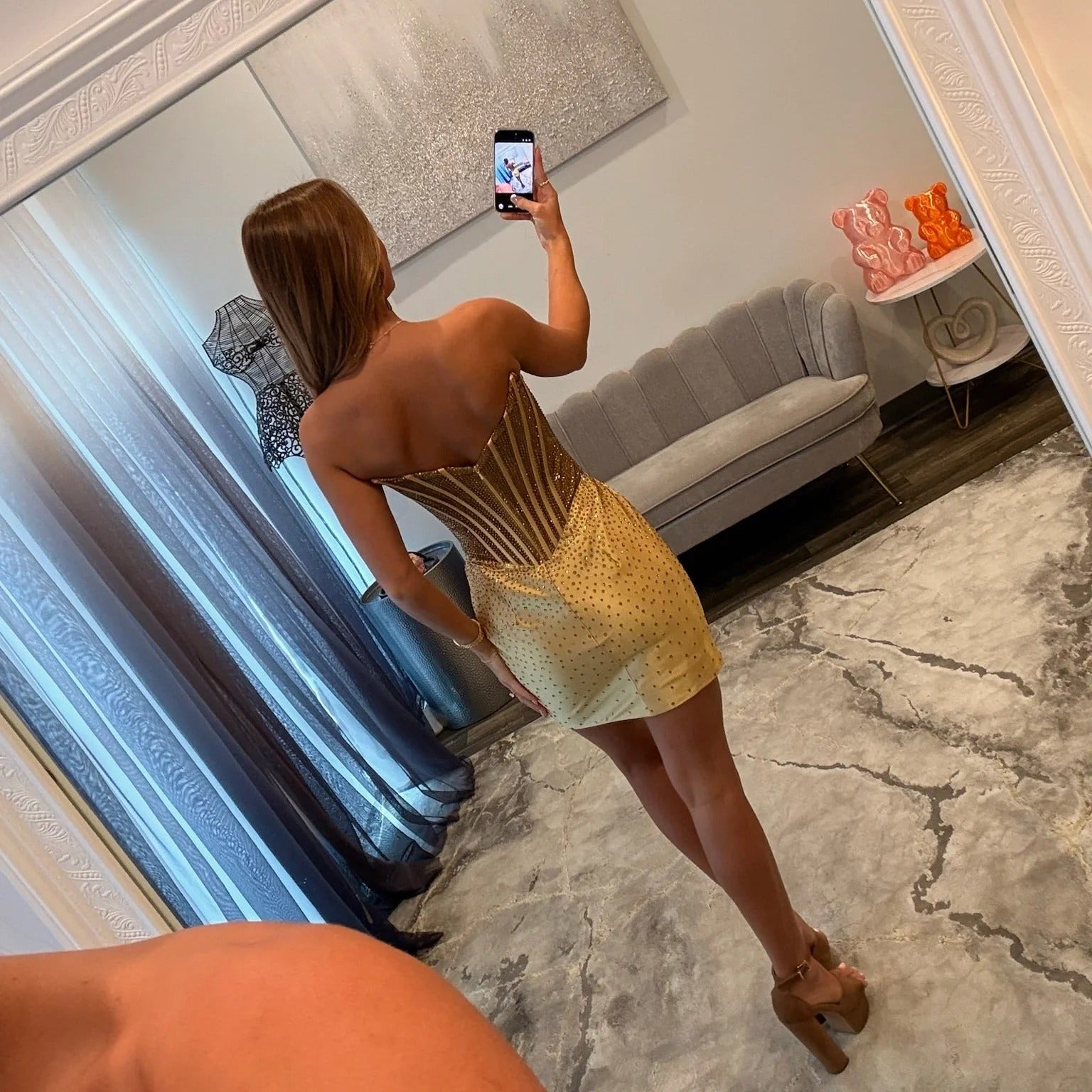 Sweetheart Strapless Sheer Rhinestone Brooch Boned Corset Bodycon Homecoming Dress Open Back Mini
