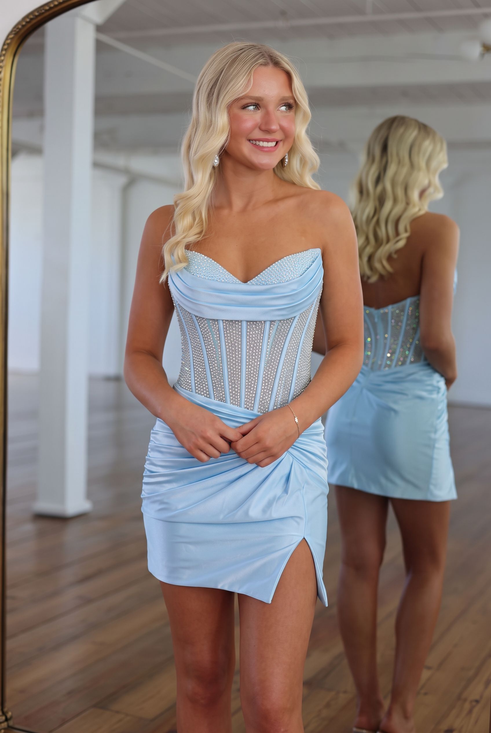 Sweetheart Strapless Sheer Rhinestone Corset Ruched Wrap Slit Column Homecoming Dress Mini