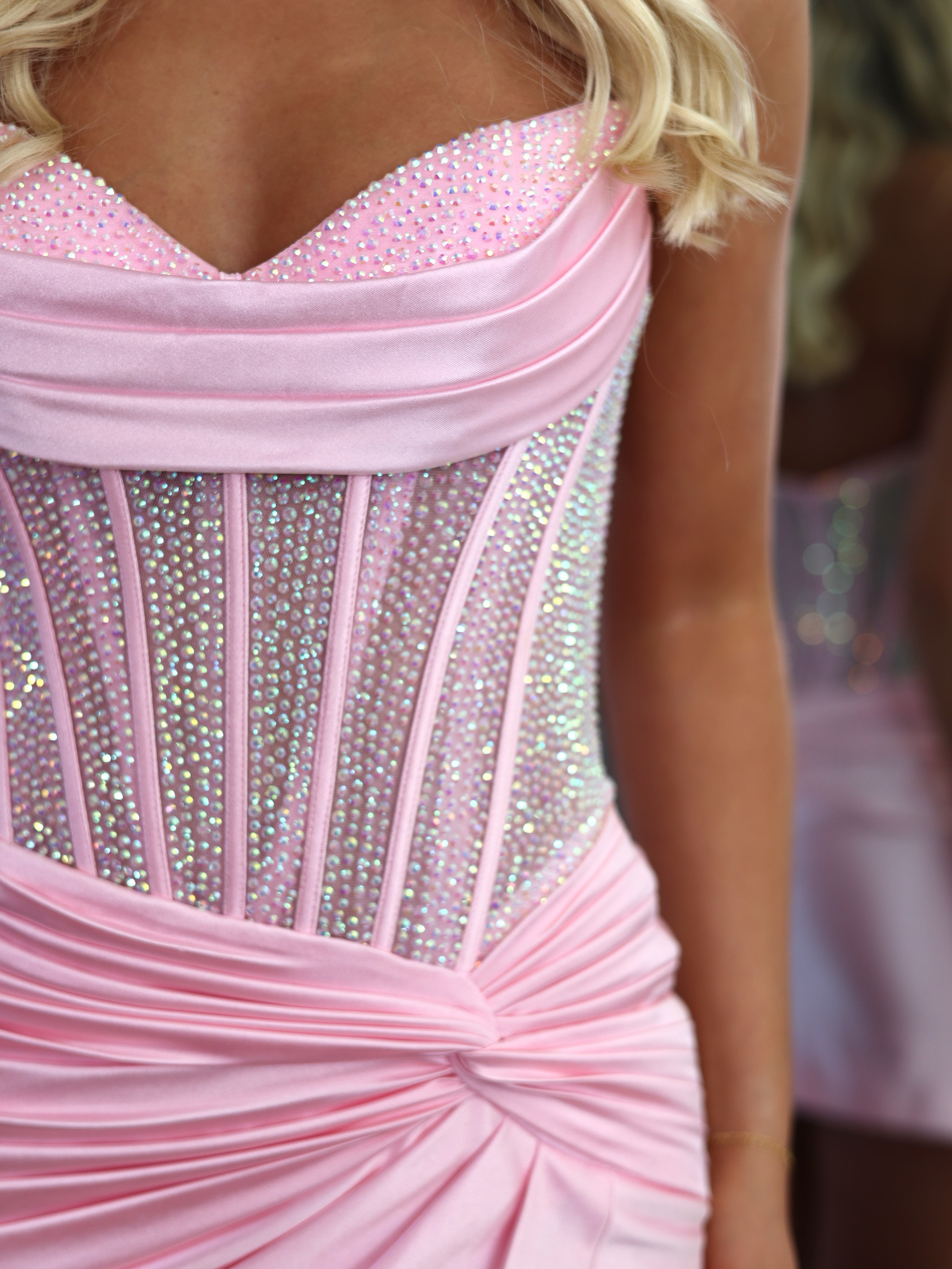 Sweetheart Strapless Sheer Rhinestone Corset Ruched Wrap Slit Column Homecoming Dress Mini