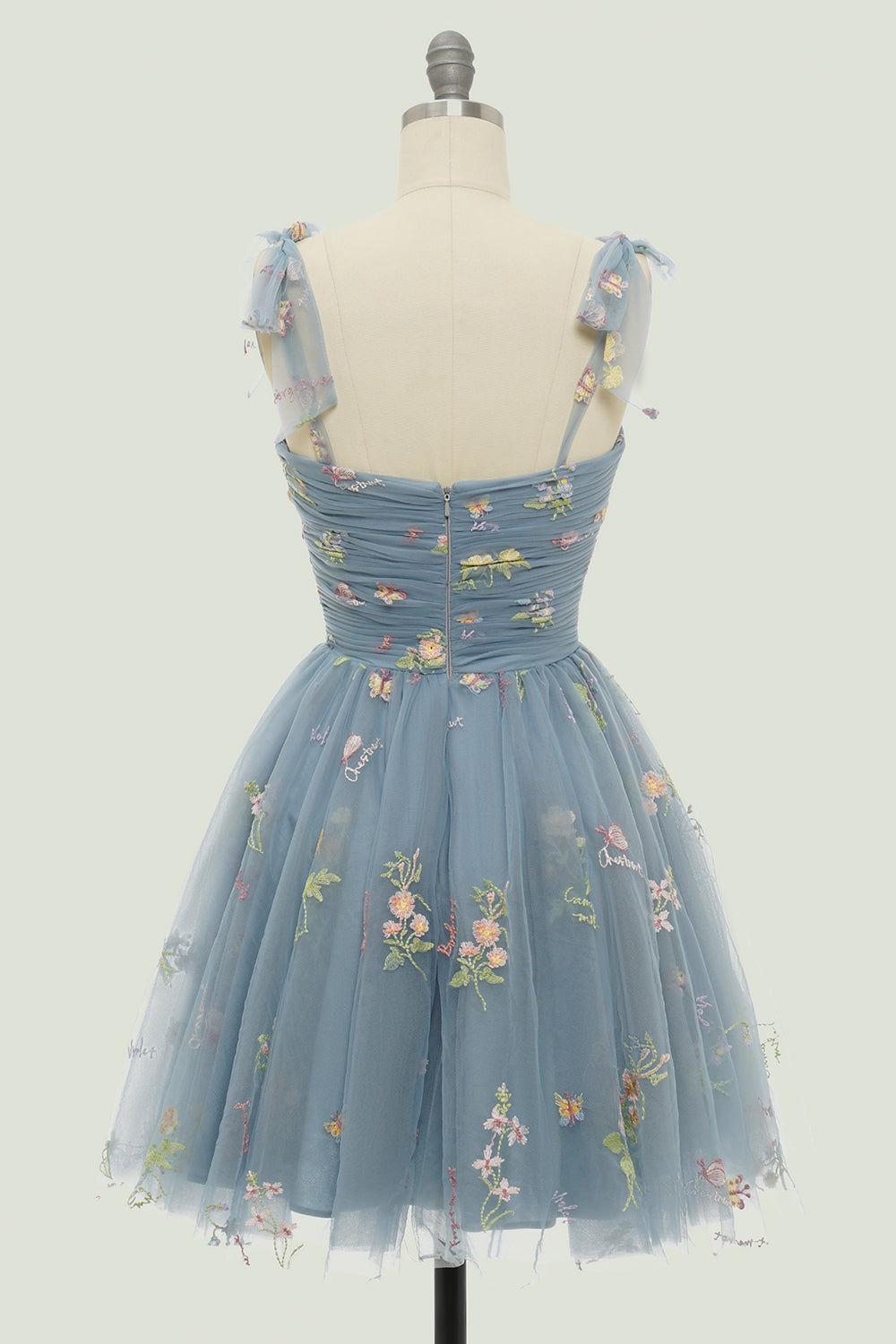 Sweetheart Tie Shoulder Straps Bow Floral Botanical Embroidery Ruched Bodice Tulle Flared A-Line Short Homecoming Dress