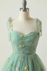 Sweetheart Tie Shoulder Straps Bow Floral Botanical Embroidery Ruched Bodice Tulle Flared A-Line Short Homecoming Dress