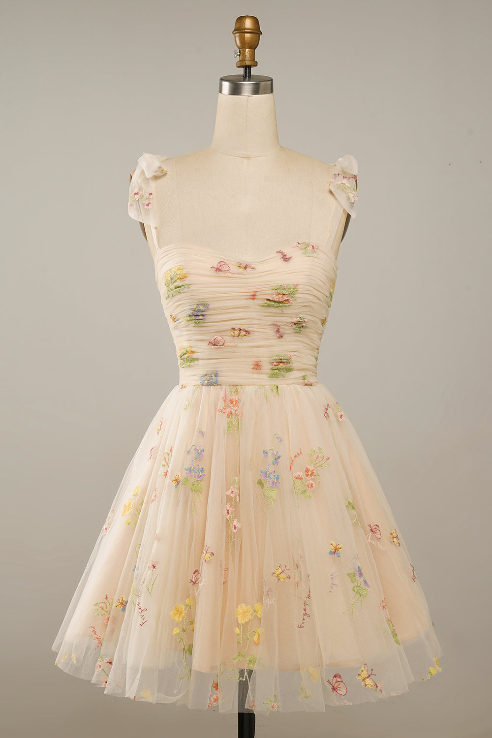Sweetheart Tie Shoulder Straps Bow Floral Botanical Embroidery Ruched Bodice Tulle Flared A-Line Short Homecoming Dress
