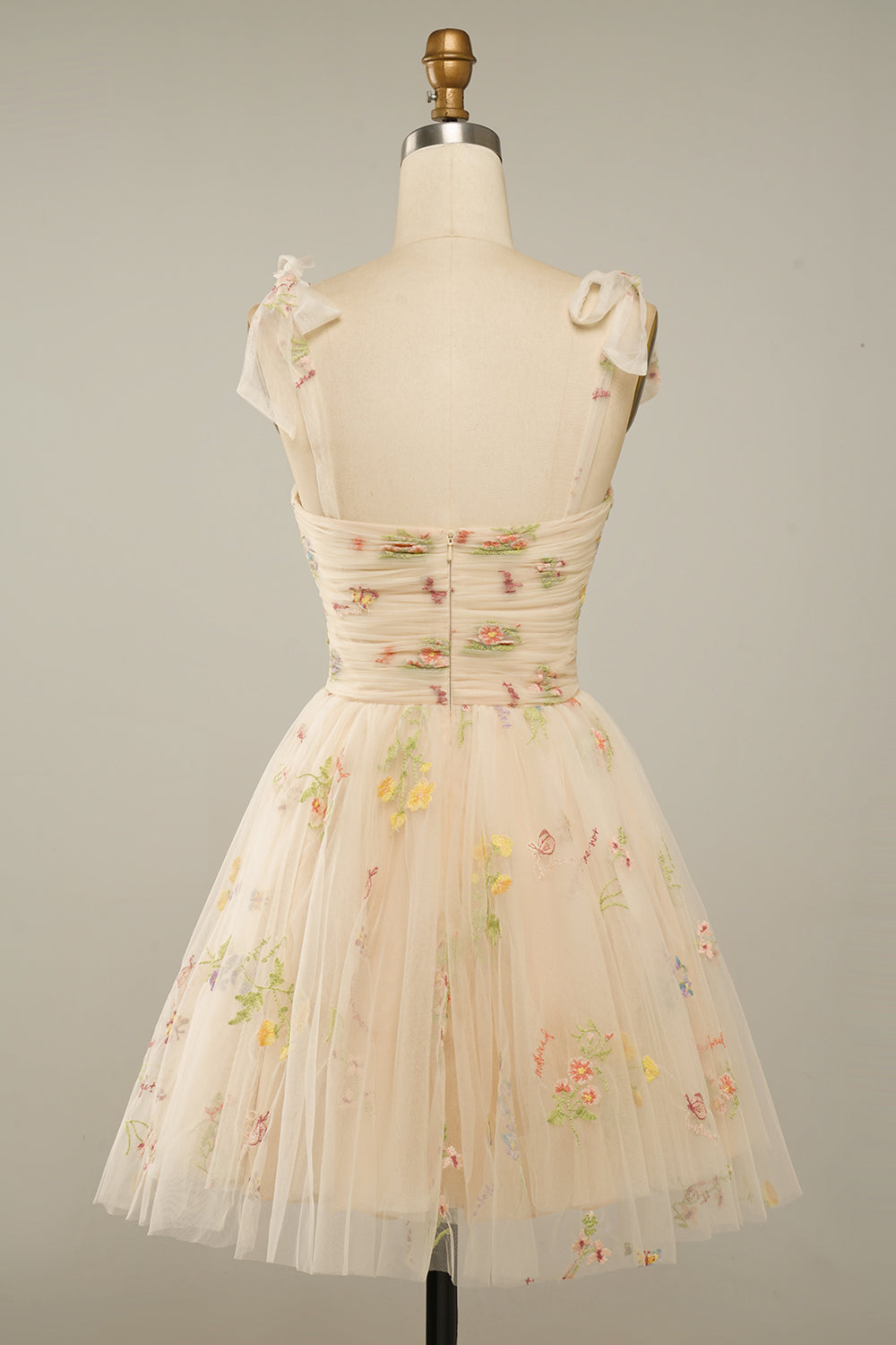 Sweetheart Tie Shoulder Straps Bow Floral Botanical Embroidery Ruched Bodice Tulle Flared A-Line Short Homecoming Dress