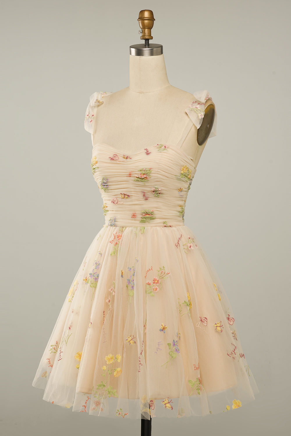Sweetheart Tie Shoulder Straps Bow Floral Botanical Embroidery Ruched Bodice Tulle Flared A-Line Short Homecoming Dress