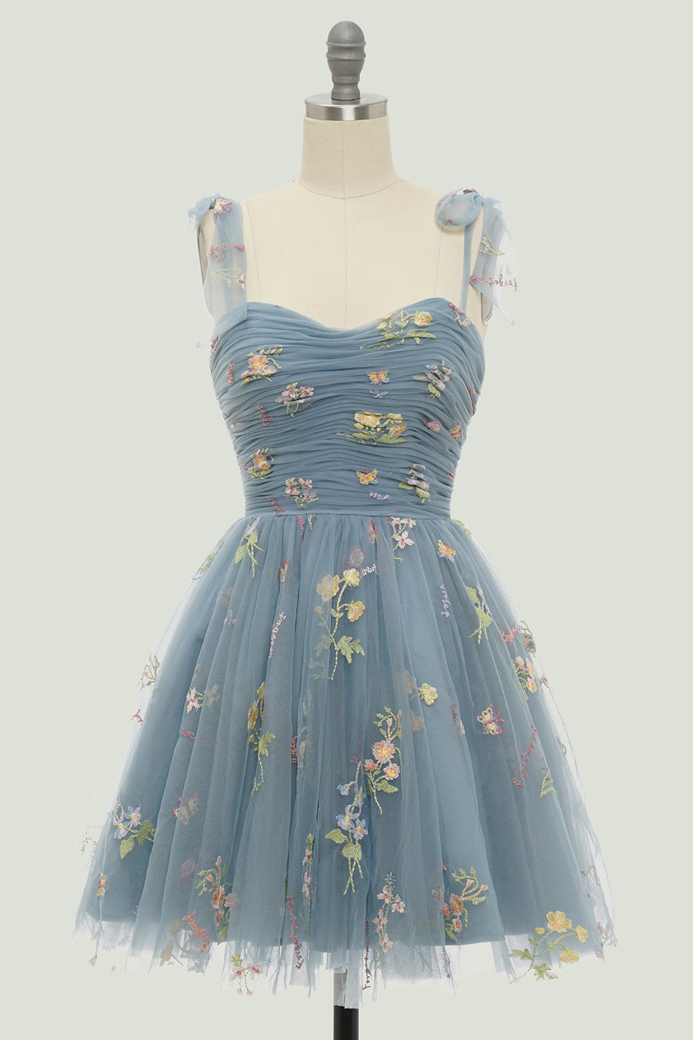 Sweetheart Tie Shoulder Straps Bow Floral Botanical Embroidery Ruched Bodice Tulle Flared A-Line Short Homecoming Dress