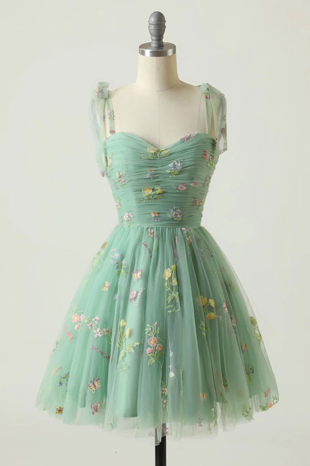 Sweetheart Tie Shoulder Straps Bow Floral Botanical Embroidery Ruched Bodice Tulle Flared A-Line Short Homecoming Dress