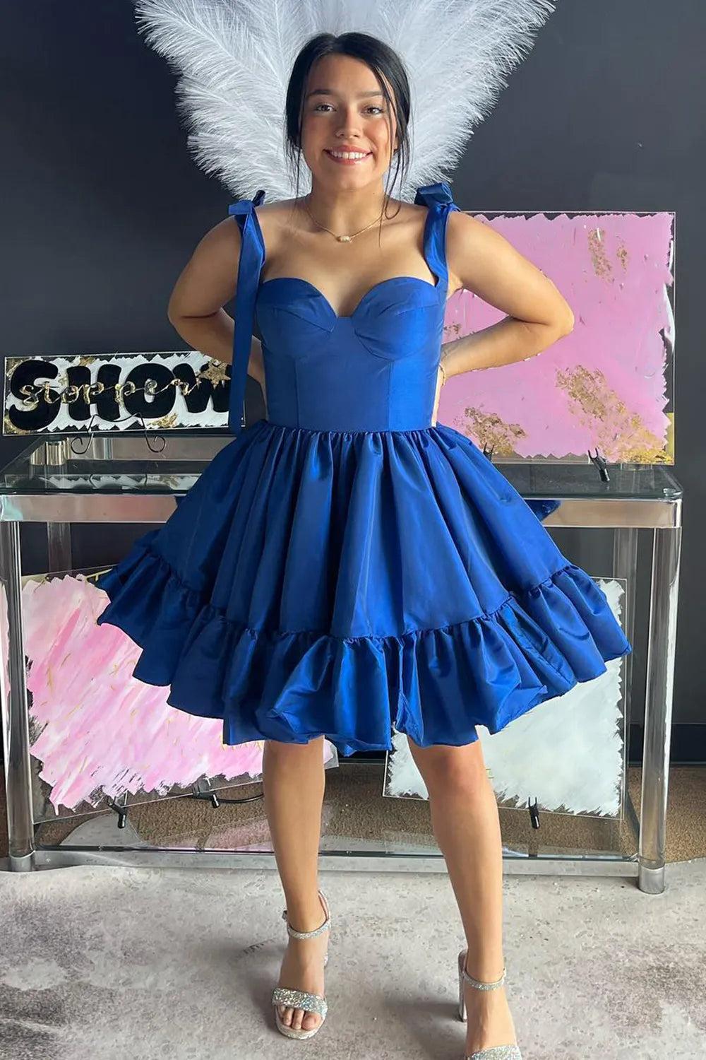 Sweetheart Tie Shoulder Straps Satin Structured Boned Corset Open Back Tiered Ruffle Hem Flared A-Line Short Homecoming Dress