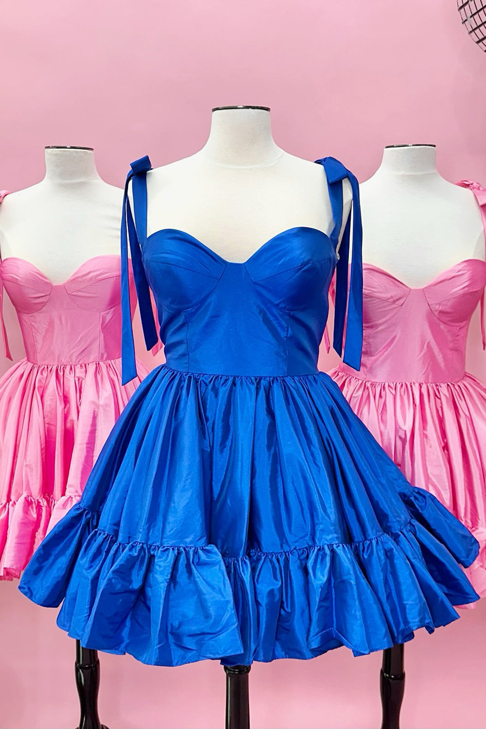 Sweetheart Tie Shoulder Straps Satin Structured Boned Corset Open Back Tiered Ruffle Hem Flared A-Line Short Homecoming Dress