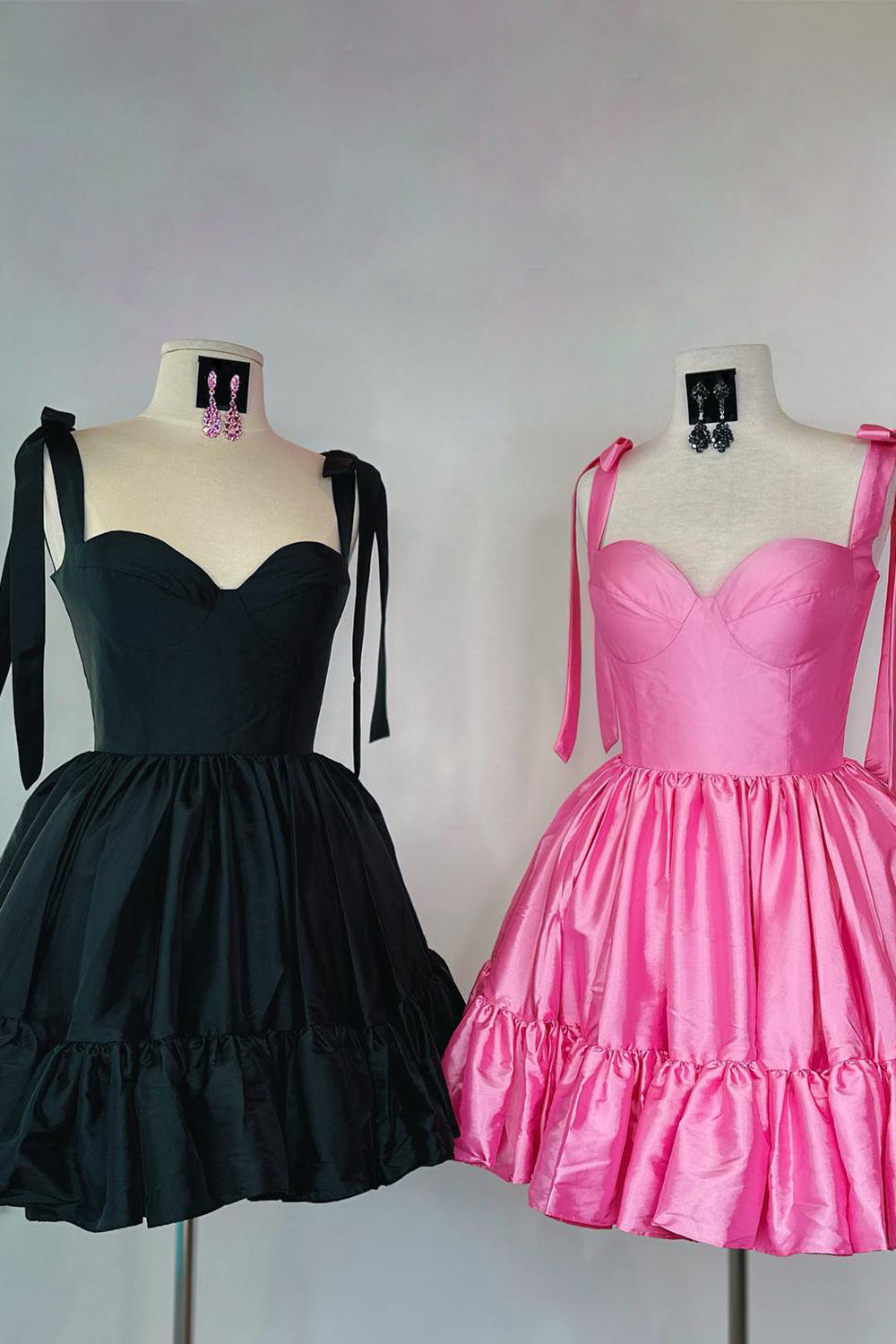Sweetheart Tie Shoulder Straps Satin Structured Boned Corset Open Back Tiered Ruffle Hem Flared A-Line Short Homecoming Dress