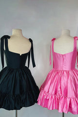 Sweetheart Tie Shoulder Straps Satin Structured Boned Corset Open Back Tiered Ruffle Hem Flared A-Line Short Homecoming Dress